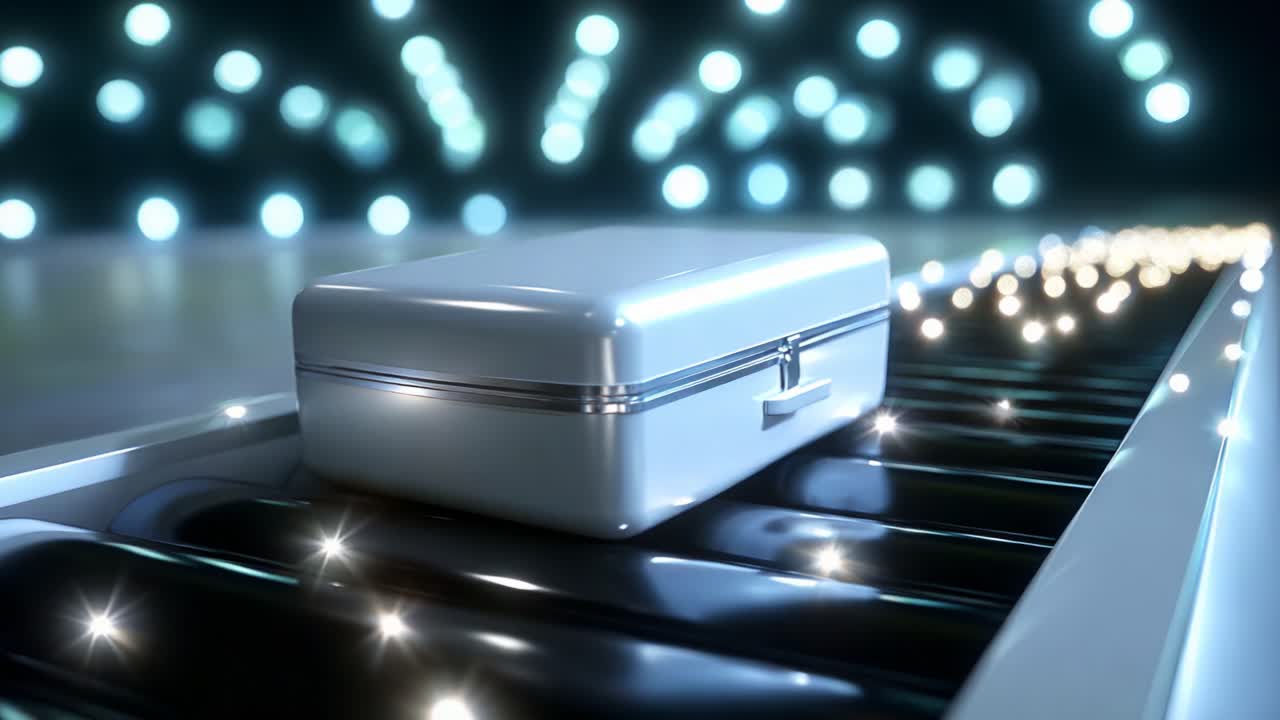 A stunning visual representation of a sleek, illuminated white case resting on a conveyor belt amidst a vibrant atmosphere of sparkling lights, creating a captivating contrast against the dark background