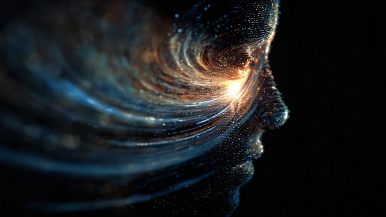 A mesmerizing depiction of a swirling, ethereal face formed by intricate patterns of light and particles, illustrating the intersection of technology and the essence of humanity in a digital realm