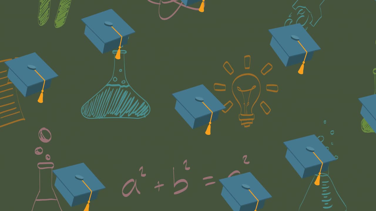 Animation of repeated mortarboards moving over colourful science doodles on green chalkboard