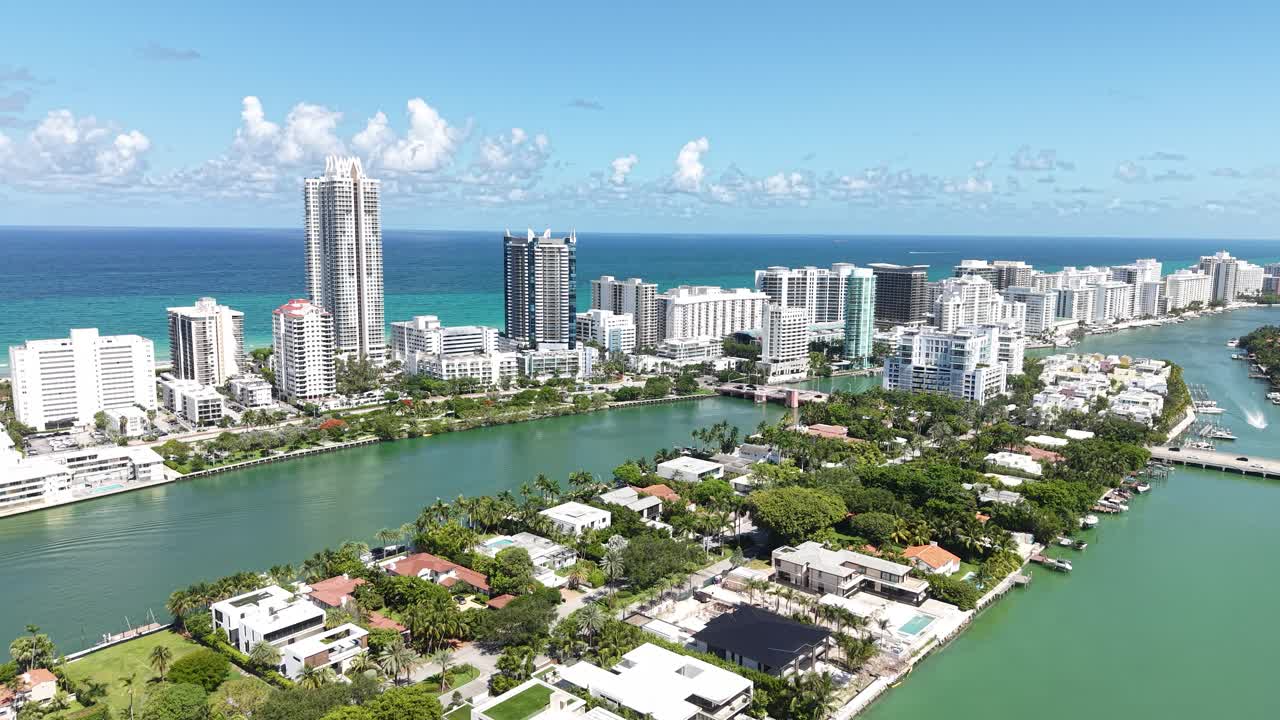 Drone Shot of Miami Beach FL USA, Beachfront Towers, Allison Island and Indian Creek