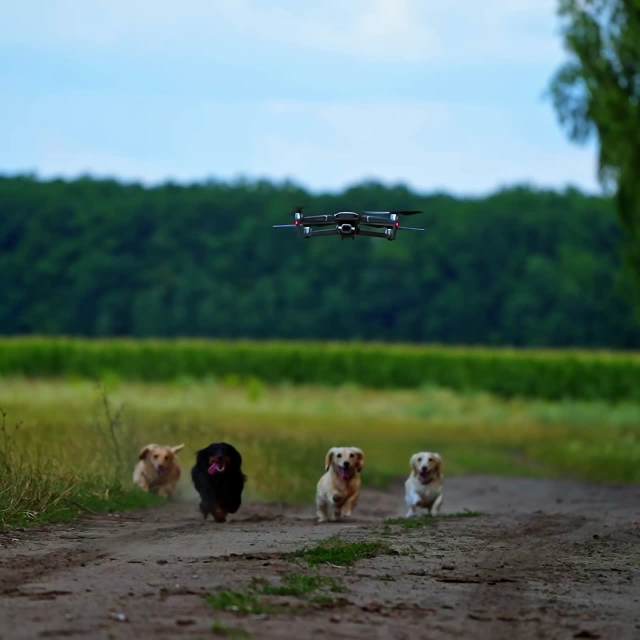 Four dogs running outdoor trying to jump and catch dron. Video of funny dogs playing process.