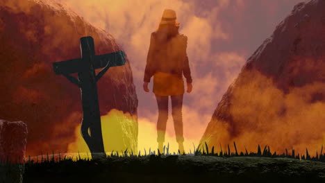 woman gazing at fiery sunset beside crucifix silhouette, with technology glowing cloud animations