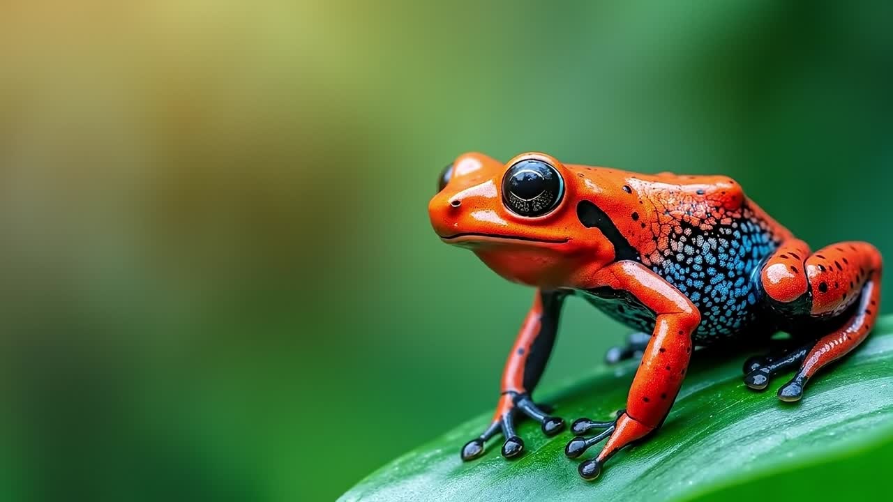 A red and blue frog sitting on top of a green leaf