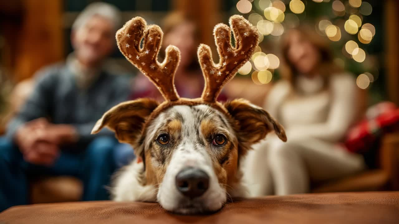 A playful festive dog wearing reindeer antlers sits in front of a cheerful scene, bringing joy to the holiday atmosphere while family members enjoy the warm ambiance in the background