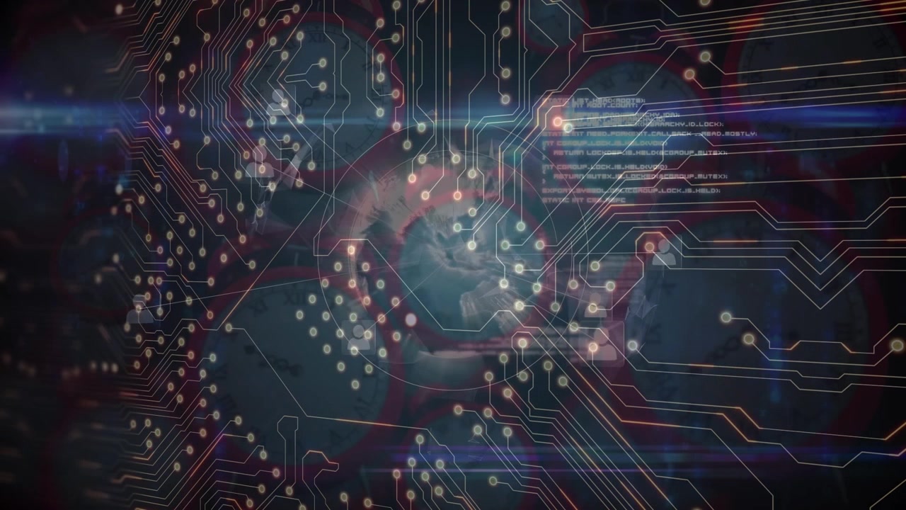 Animation af computerkredsløbskort over databehandling med globus og bevægelige ure.