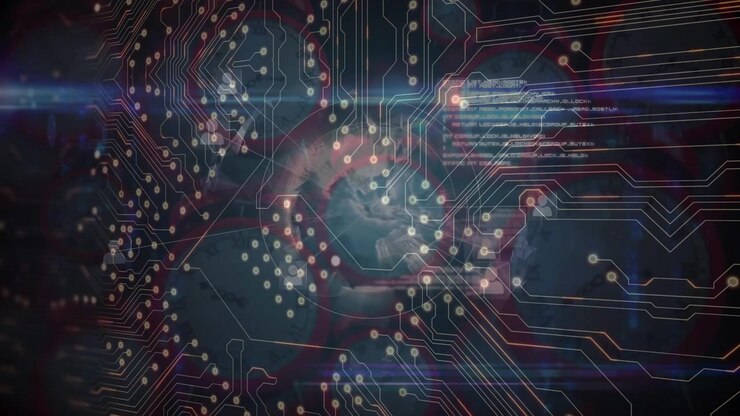 Animation of computer circuit board over data processing with globe and moving clocks