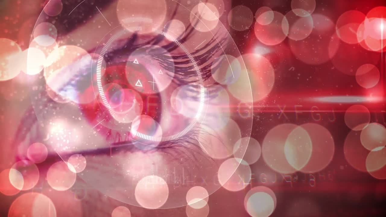 분홍색 반 ⁇ 이는 빛의 반점, 데이터 처리 및 여성 눈의 근접 스캔