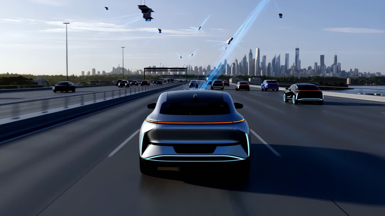 Futuristic Autonomous Car on Highway with City Skyline