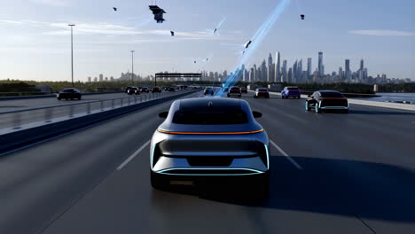 futuristic autonomous car on highway with city skyline
