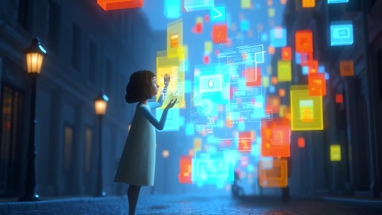 A young girl stands in an enchanting, illuminated street, marveling at vibrant holographic displays of digital information floating in the air, representing the endless possibilities of technology and imagination