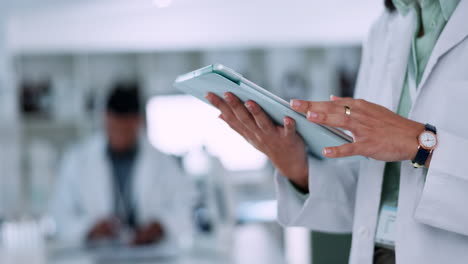scientist, hands and tablet for laboratory