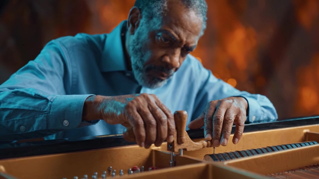 An Expert Craftsman Fine-Tuning a Grand Piano with Precision and Care, Showcasing the Intricacies of Piano Restoration in a Warm, Ambient Setting