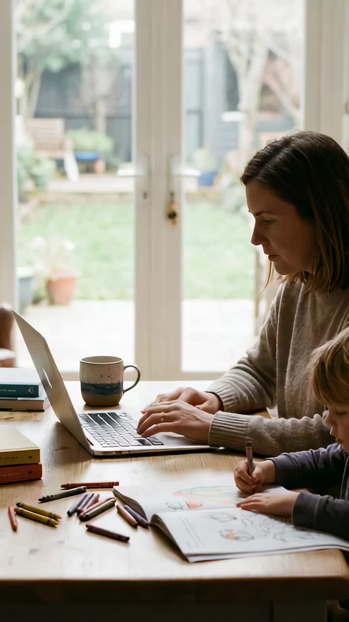 Vertical video: Typing woman in sweater for work on laptop at home by doors, child coloring book