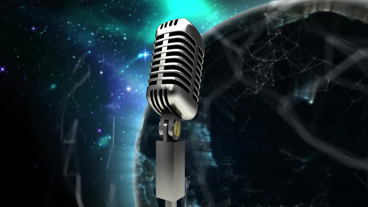 Floating retro microphone in space, animation with glowing planet and stars