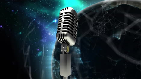 floating retro microphone in space, animation with glowing planet and stars