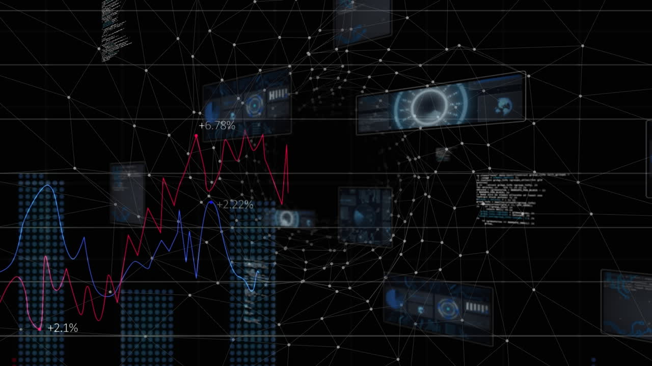 Animation of network of connections with icons over data processing on black background