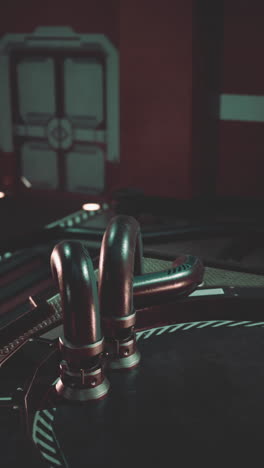 close-up of futuristic metal pipes in a dark sci-fi room