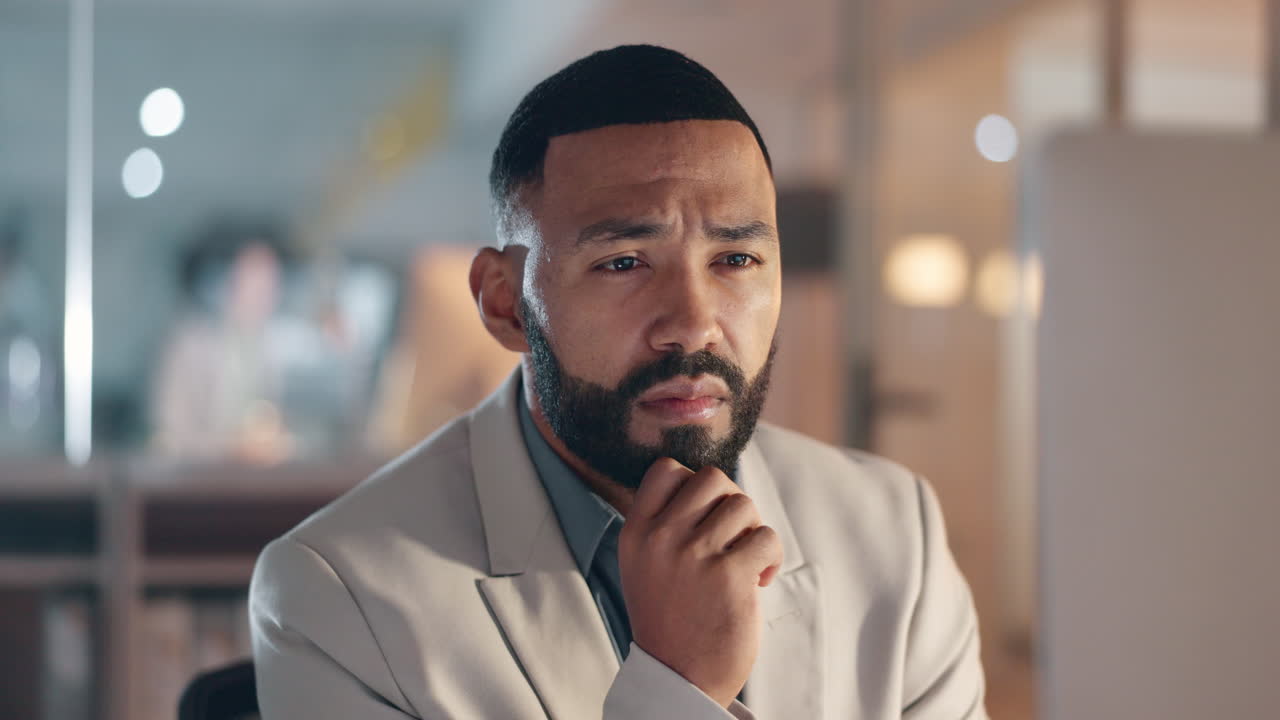 Business man, thinking and computer for solution