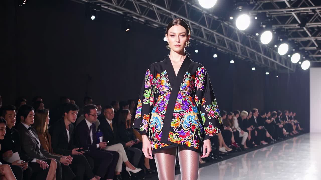 Video fra et modeshow filmet nedefra, som fremhæver en model, der går i et farverigt, blomstret outfit