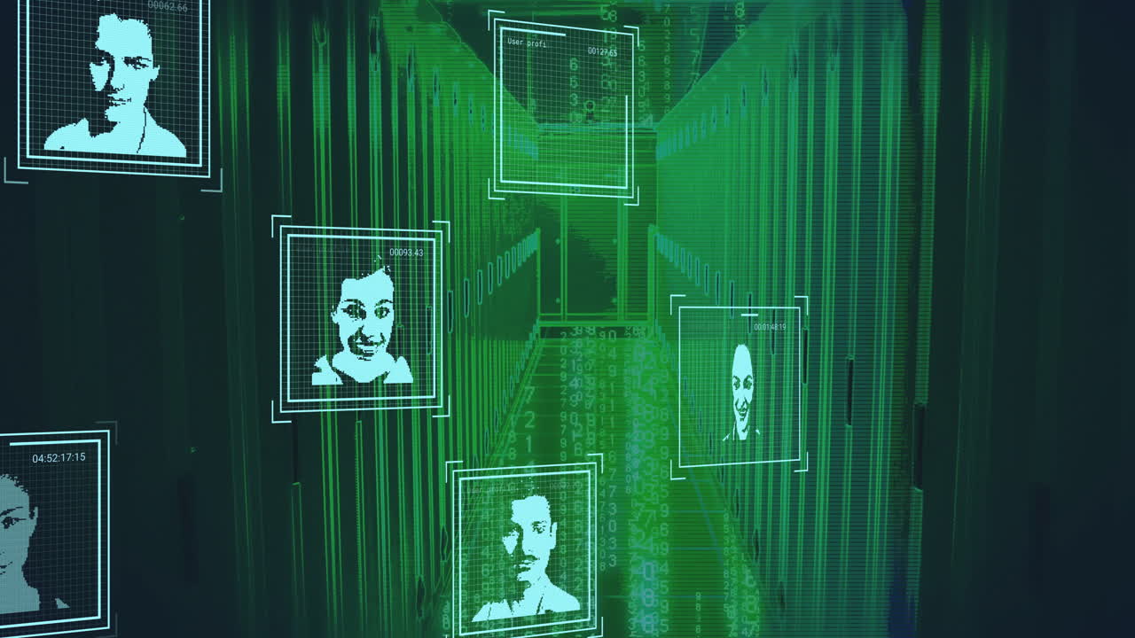 Digital faces and binary code animation over green matrix-like background