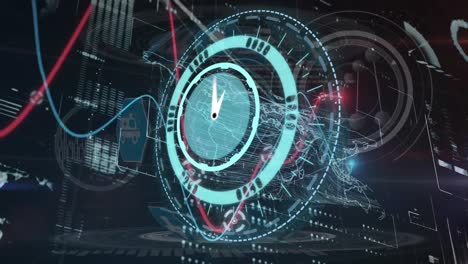 Animation-Der-Uhr,-Die-Sich-über-Datenverarbeitung-Und-Weltkarte-Bewegt