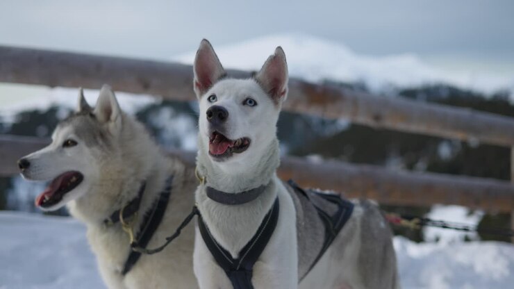 Primo piano di cani da slitta imbracati, pronti per iniziare a correre.