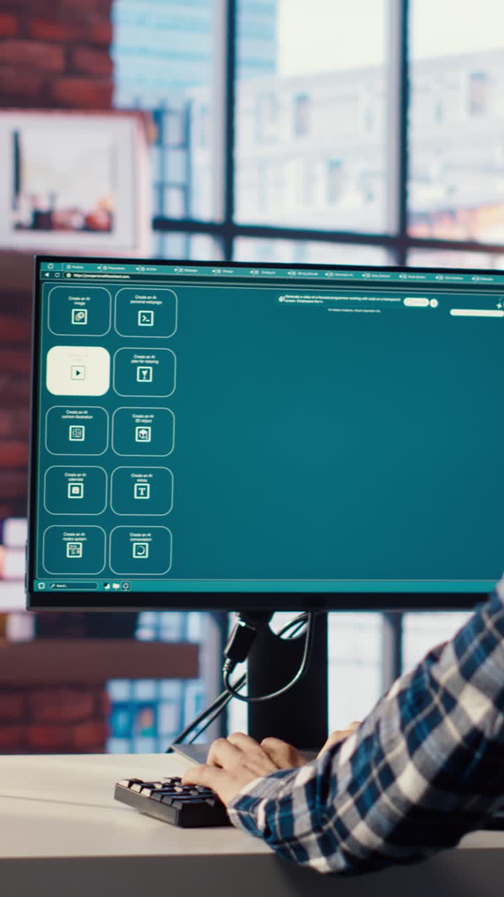 Vertical video Man looking at tutorial on mockup tablet to learn how to use text to video AI