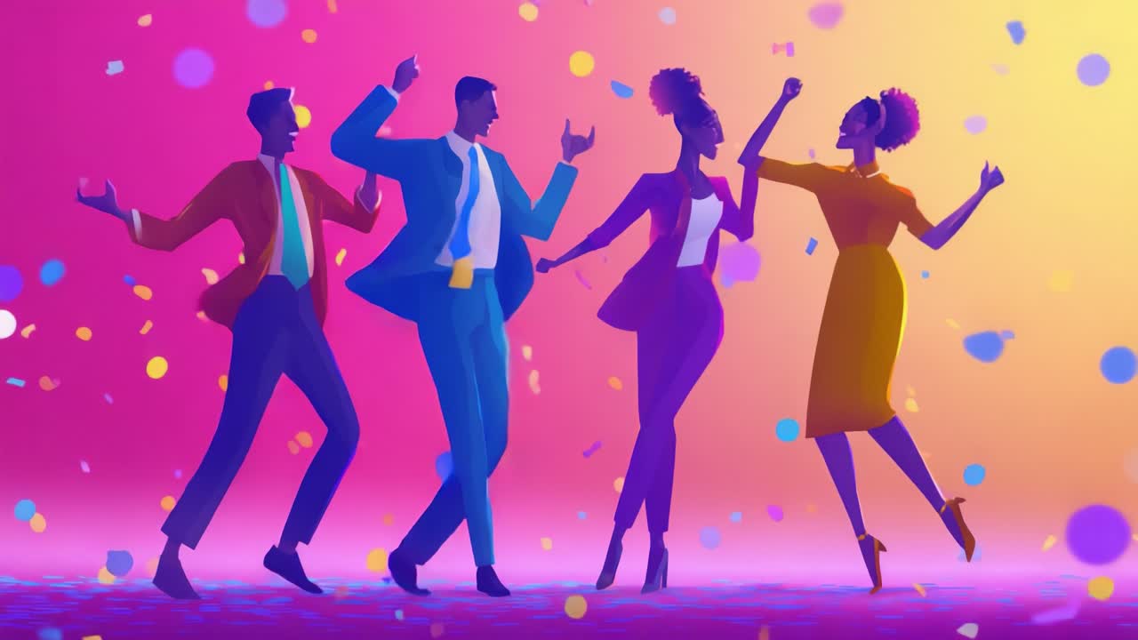 Vibrant Celebration: Animated Figures Dance Joyfully in a Colorful ...