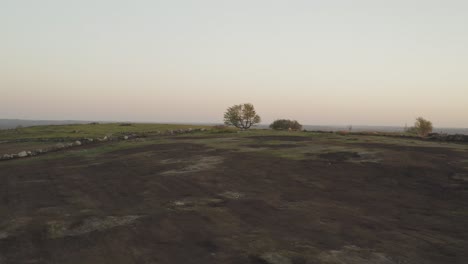 Sunset-over-Clarry-Hill,-Maine-aerial-towards-single-tree