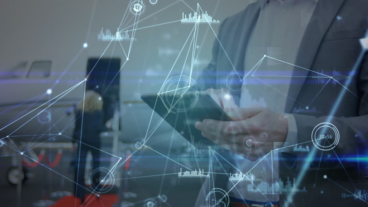 Animation of network of connections over hands of caucasian businessman with tablet on airport