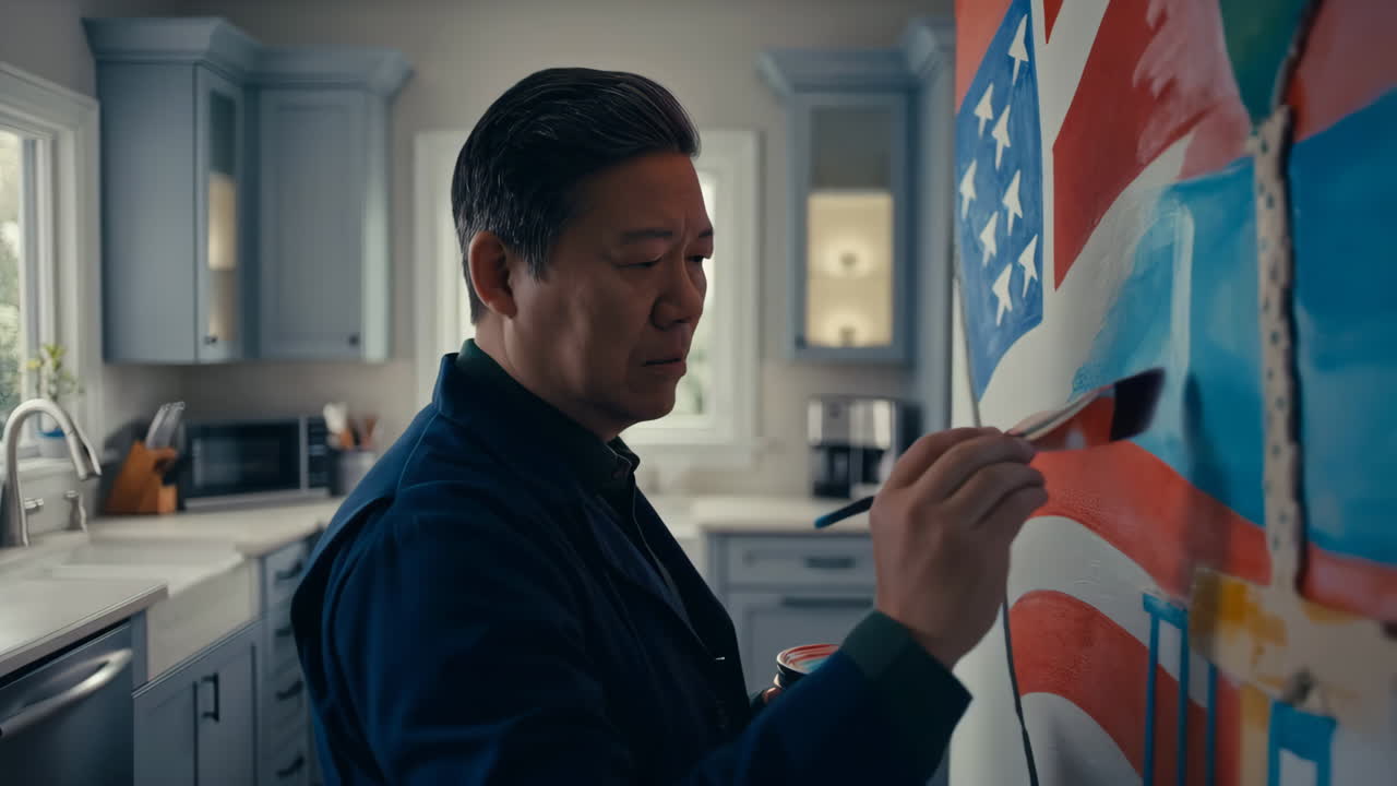 Man Painting an American Flag in a Kitchen