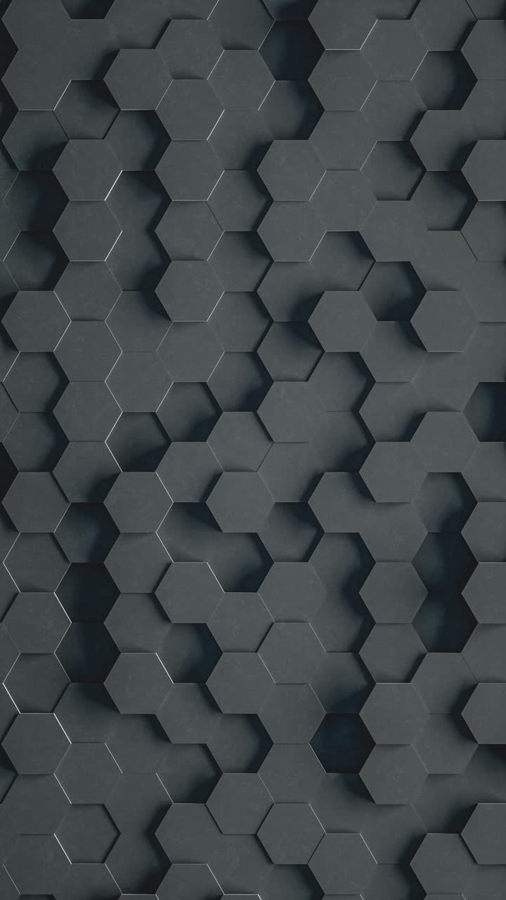 Black geometric hexagonal abstract background. 3D render animation, infinite loop