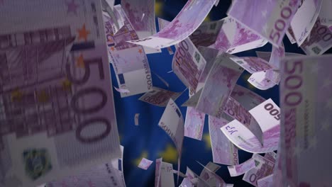 falling euro banknotes against the eu flag