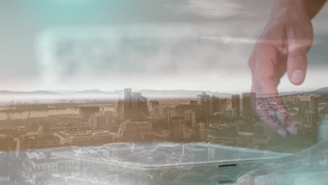 animación de un hombre usando una tableta sobre el paisaje urbano