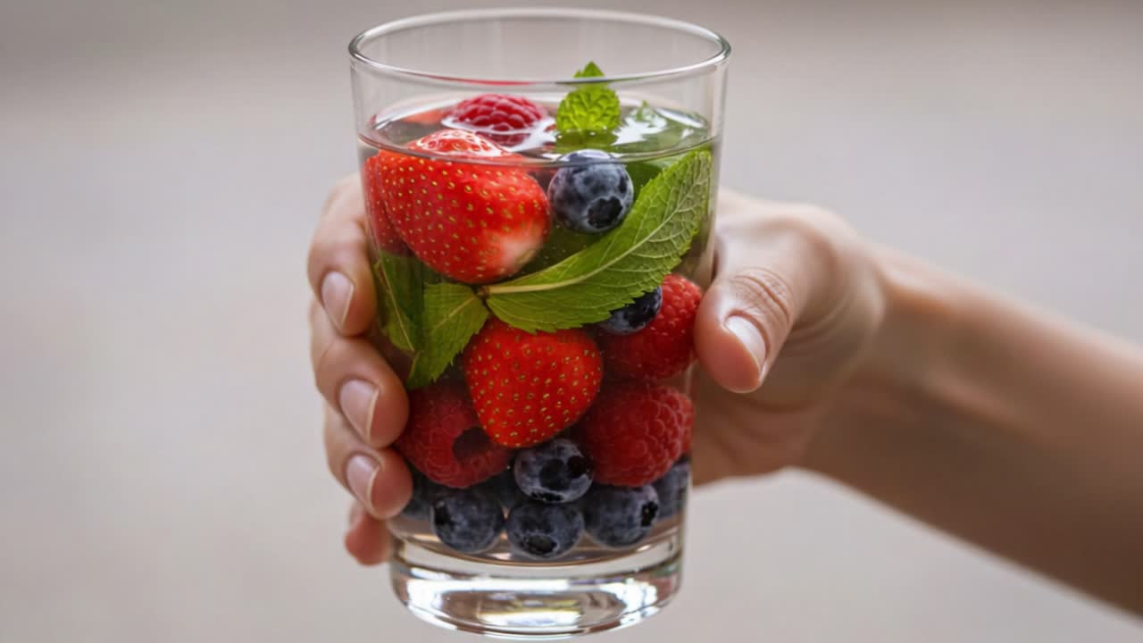 Refreshing Fruit-Infused Water with Berries and Mint in Hand – A Healthy Drink Option for Hydration and Wellness