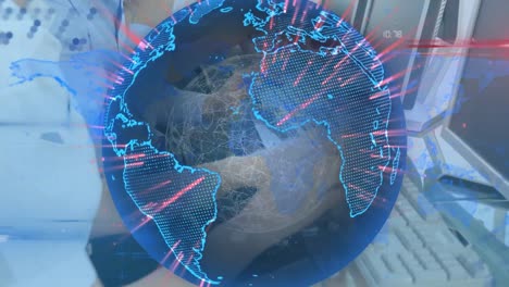 animación del globo y el mapa del mundo sobre personas de negocios que usan auriculares de teléfono