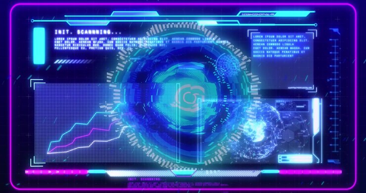 Animation of data processing over blue background