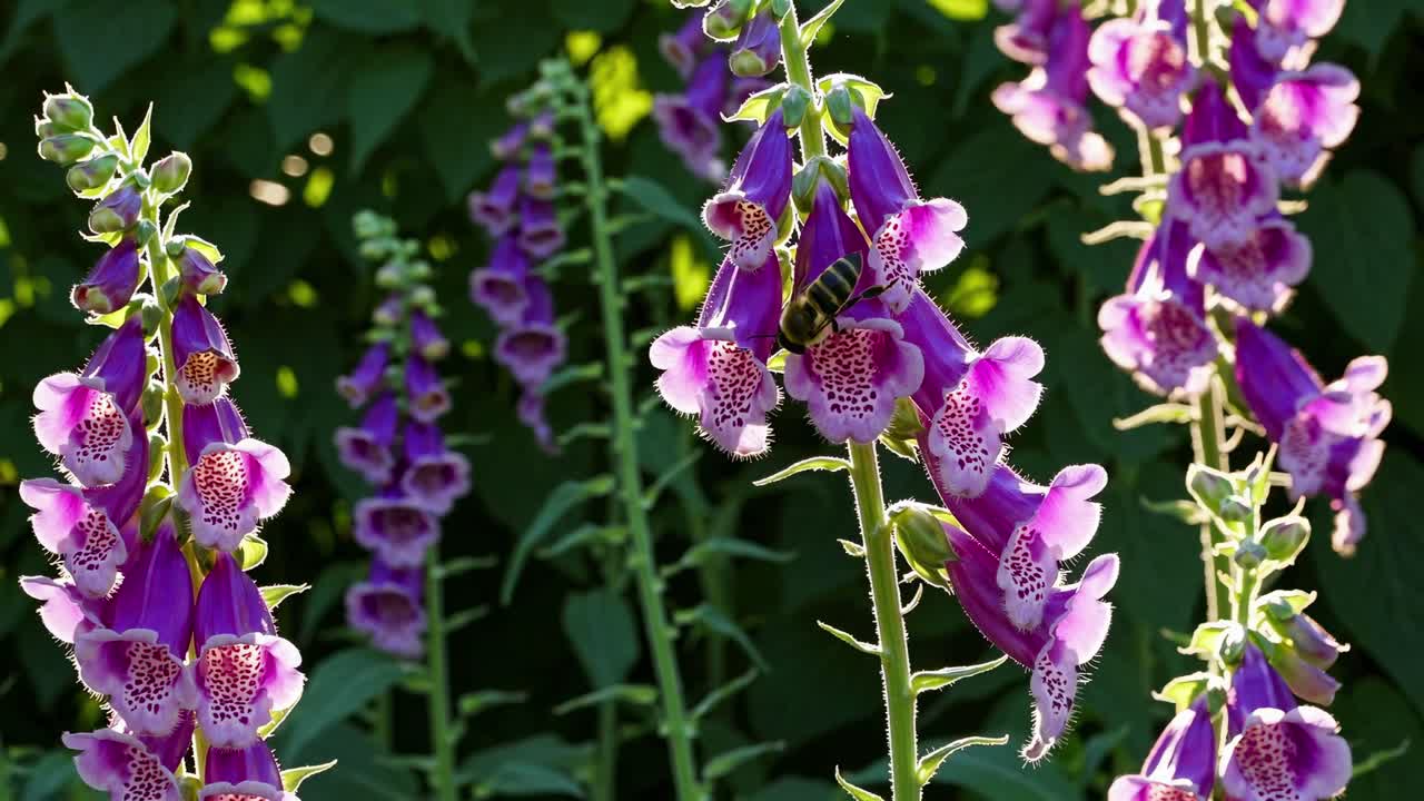 Close-up video angle of vibrant purple foxgloves with a bee, capturing nature's beauty and detail