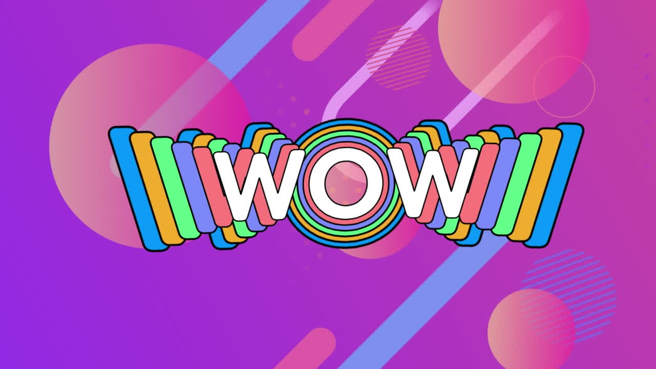 그라디언트 보라색 배경에 와우 텍스트 배너와 추상적인 모양의 애니메이션