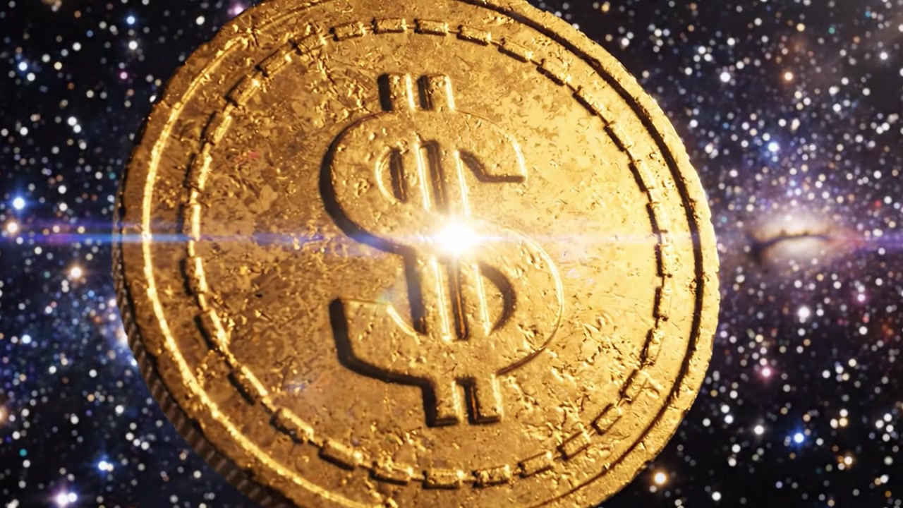 Uma moeda de ouro com um cifrão flutuando na imensidão do espaço, rodeada por estrelas e galáxias, simbolizando riqueza e oportunidades cósmicas.