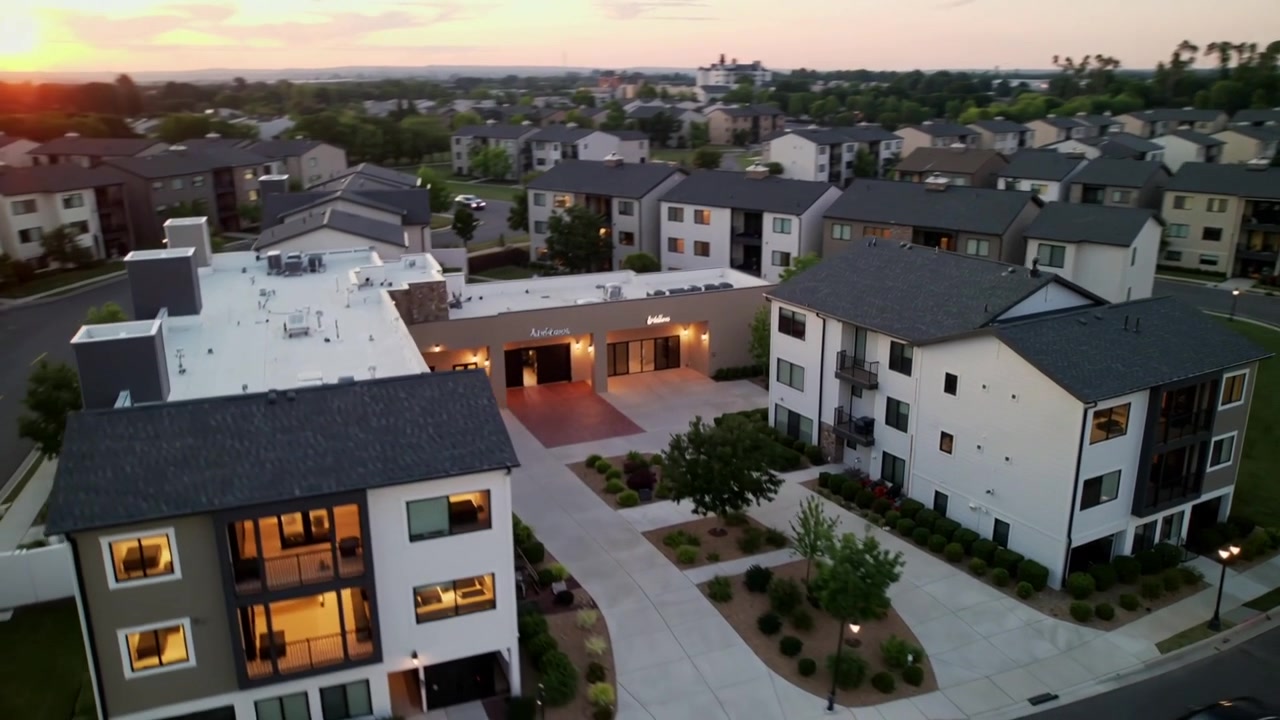 En drone flyver og afslører et tre-etagers lejlighedskompleks ved solnedgang, hvor oplyste indgange kommer til syne.