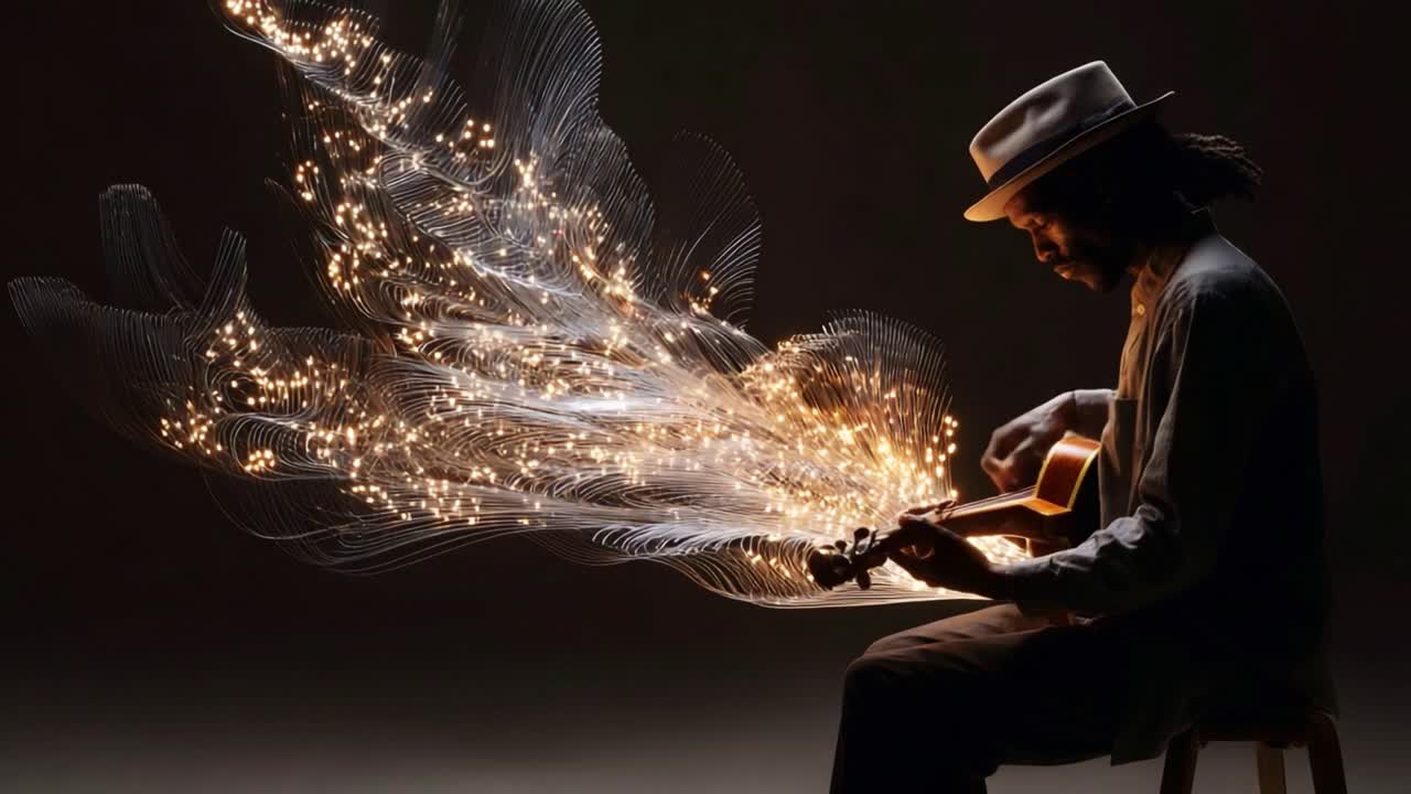 A captivating blend of music and visual art, showcasing a musician playing the guitar while wisps of vibrant light and sound envelop the scene in a mesmerizing display of creativity