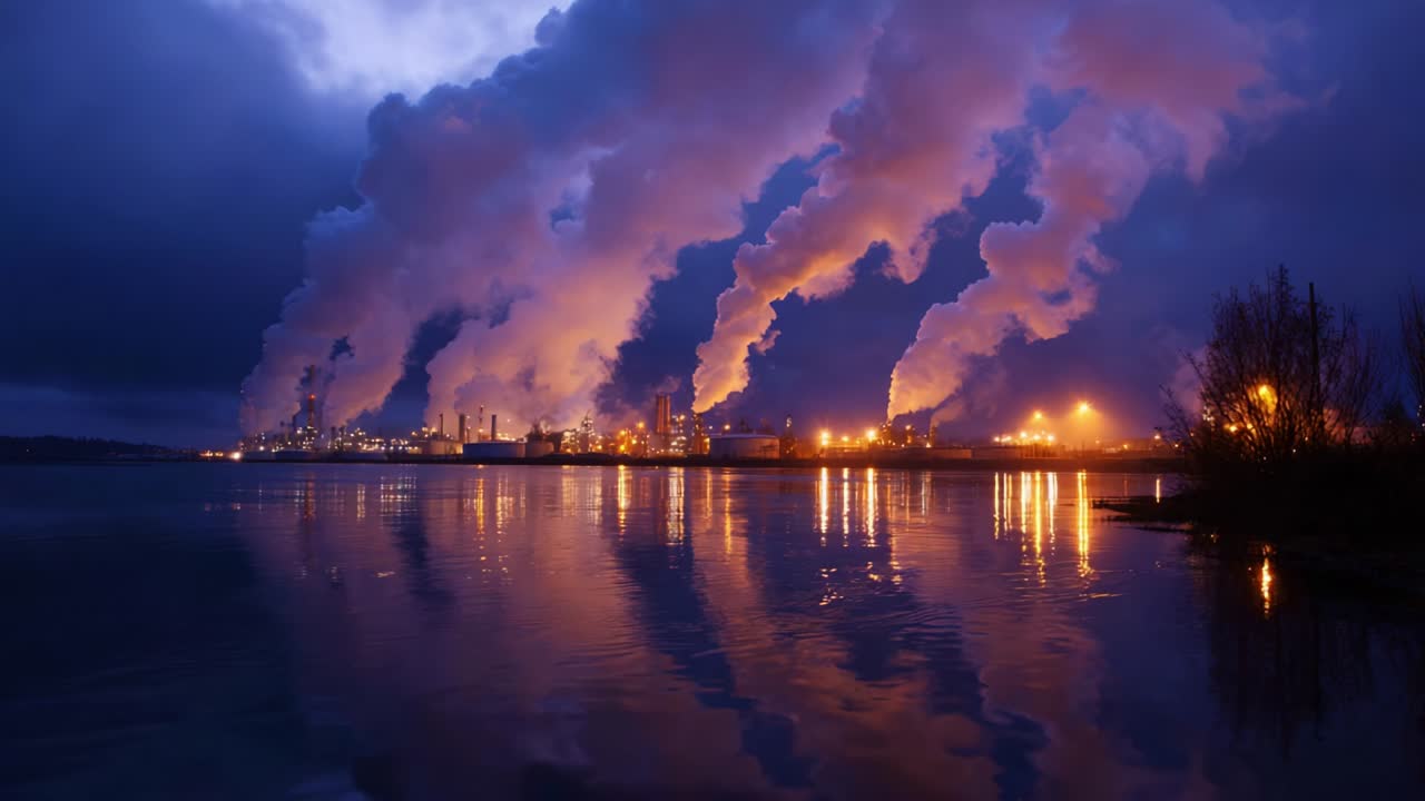 En dramatisk aftenudsigt over et industrielt landskab med emissioner fra fabrikker, med farverige refleksioner på vandet og opstigende røgsøjler mod en mørkere himmel i skumringen