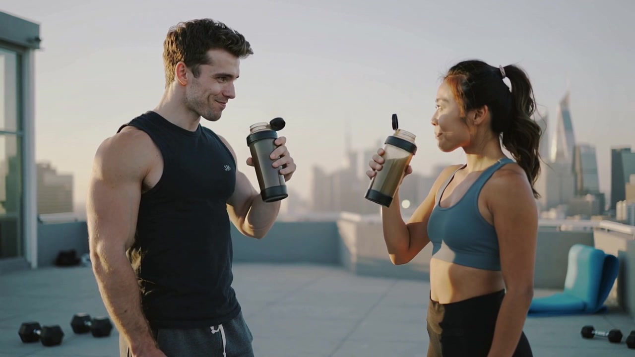 Uomo in canotta nera e donna in reggiseno blu che si idratano con bottiglie shaker dopo un allenamento sul tetto.