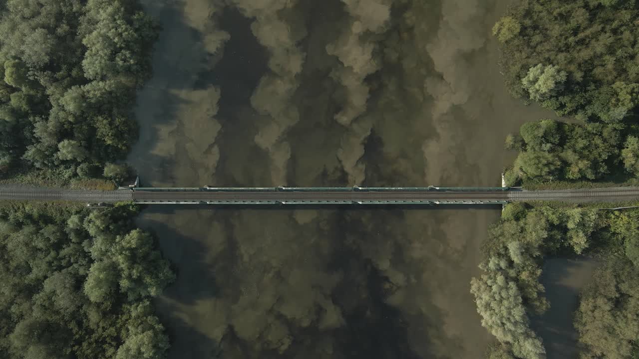 Train bridge over the Shannon River near Limerick, surrounded by trees, aerial view at daytime