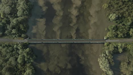 train bridge over the shannon river near limerick, surrounded by trees, aerial view at daytime