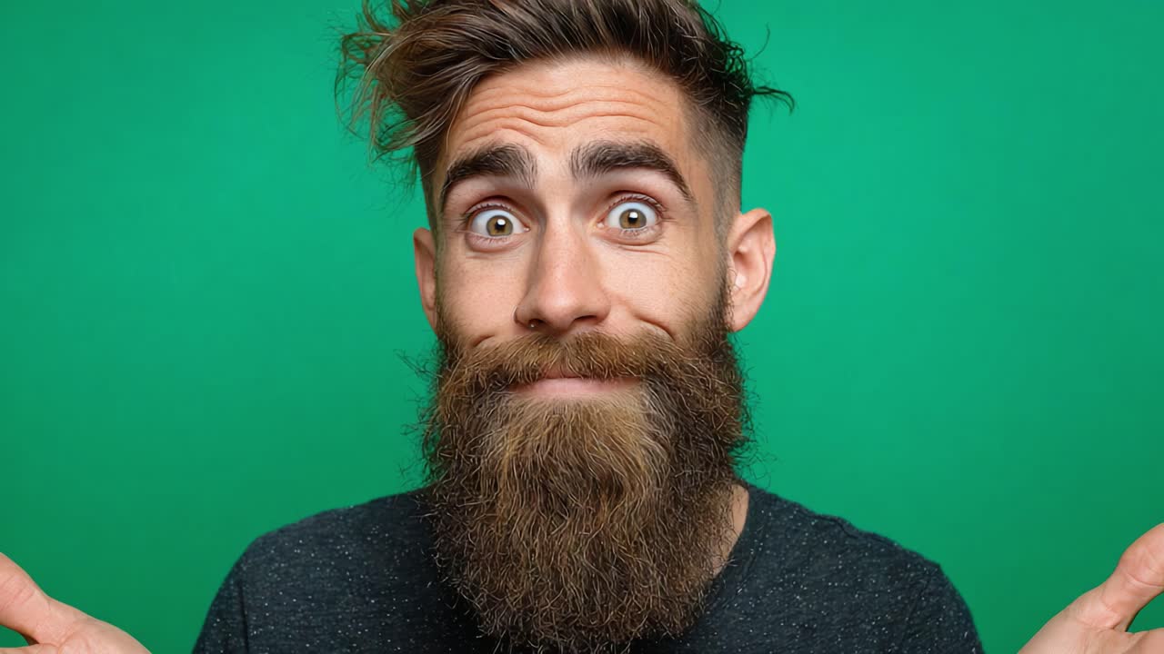 A Curiously Expressive Individual with a Beard, Displaying a Playful Surprise in Front of a Bright Green Background, Inviting Interpretation and Curiosity