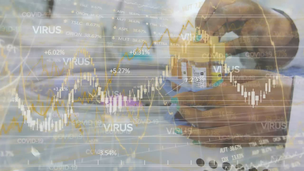 animación de palabras flotantes de covid-19, diagramas y procesamiento de datos sobre un médico de raza mixta