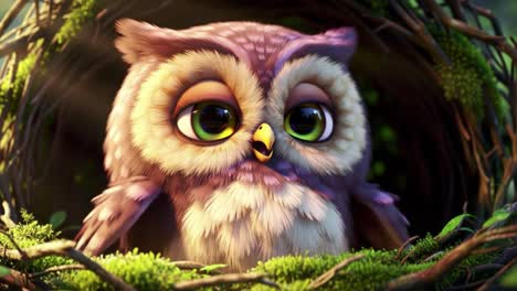 a gentle awakening: the transformation of a sleepy owl nestled comfortably in nature's embrace, with bright eyes ready to face a new day