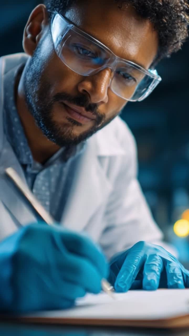 Focused Scientist Conducting Research with Precision, Wearing Protective Gear and Utilizing Advanced Tools for Analysis in a Laboratory Environment